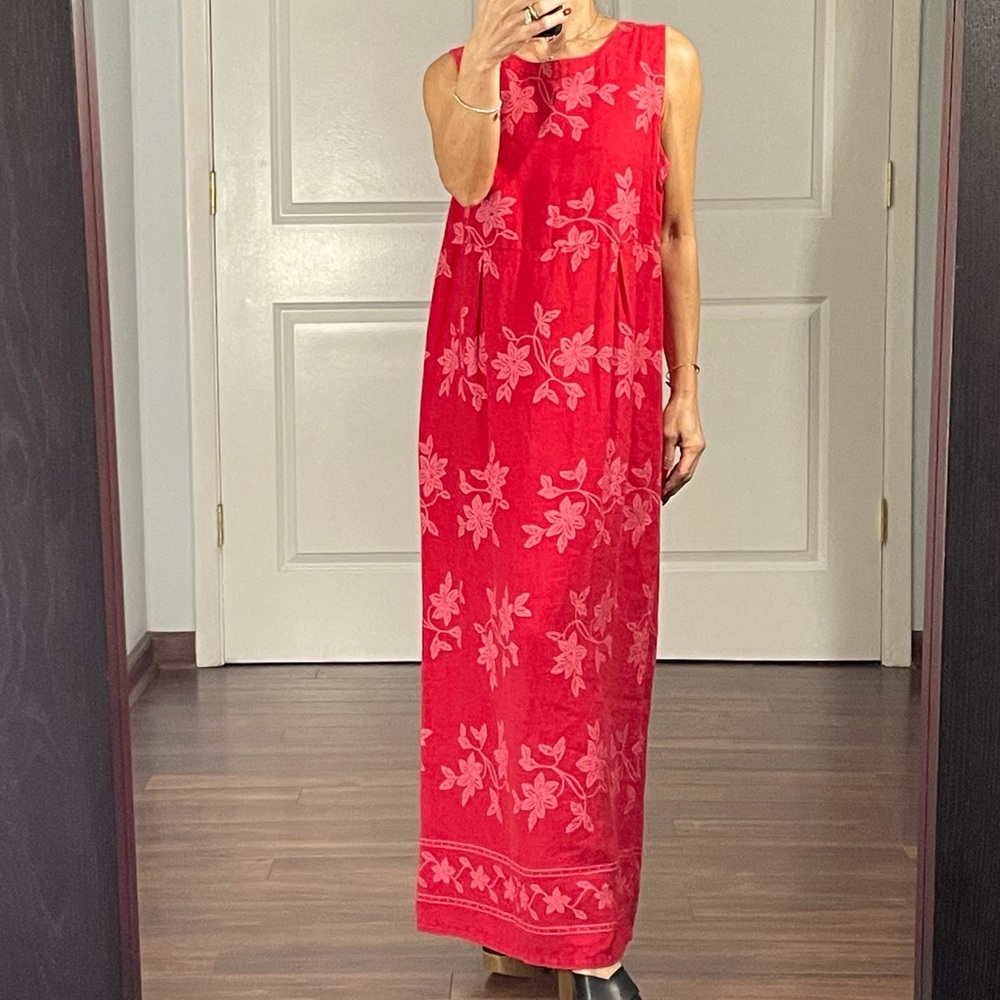 Heaven Vintage 100% Linen Red Hibiscus Print Maxi Dress size M P